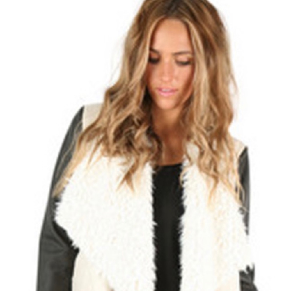 Billabong Somewhere Far Sherpa Faux Leather Shearling Draped Front Jacket - M